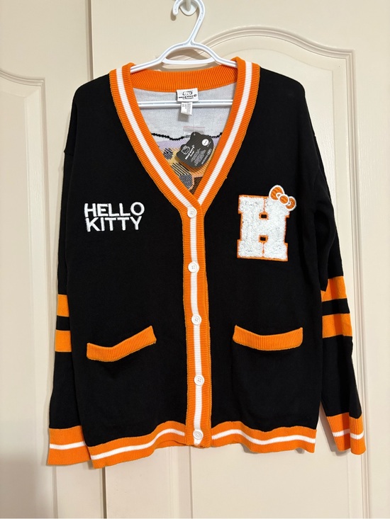 Hello Kitty Sweaters - Hello Kitty Halloween themed Black and Orange Varsity Cardigan